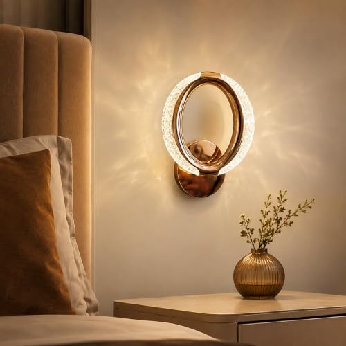 Image of fizzytech Crystal LED Wall Light, Modern Gold Finish Decorative Wall Lamp with 3 Colour Changing Modes for Living Room, Bedroom, Hallway & Home Decor (Round, Pack of 1)