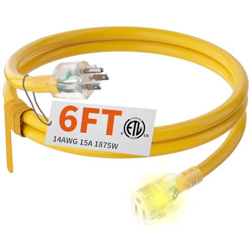 HUANCHAIN 6 ft 14/3 Gauge Heavy Duty Outdoor Extension Cord Waterproof with Lighted, Flexible Cold Weather 3 Prong Electric Cord Outside, 15A 1875W 125V 14AWG SJTW, Yellow, ETL Listed