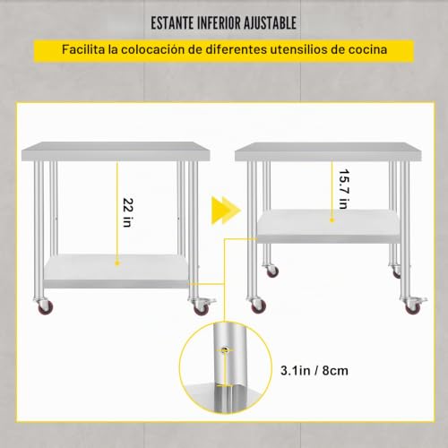 Miniatura 2 de Vevor Mesa De Preparación De Comida Acero Inoxidable 91,5x76,2x86,4cm Tabla De Cocina Profesional Capacidad De Carga 100 Kg Tabla De Trabajo De Cocina Catering Ajustable Para Restaurante Escuela