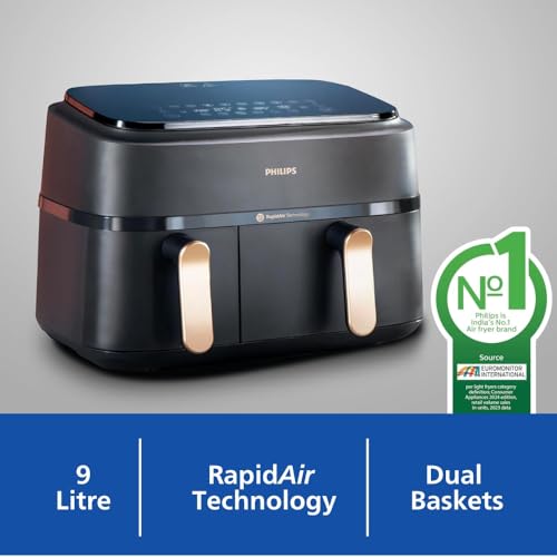 PHILIPS Air Fryer NA352/00 with Rapid Air Technology, 9L capacity, Dual basket (6L & 3L) for full oven tray cooking, 8 Preset Menus, Intuitive touch control, 90% less oil, 500+ Recipes, Extra Large view 2