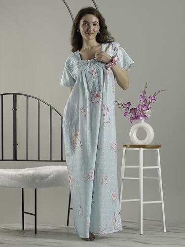 Image of 9shines Label Stylish Chikankari Cotton Nighty Maxi for Women | Full Length Nightgown | Nightdress with Pocket | Embroidery Nighty | Soft Comfortable Cotton Nightwear (1545)