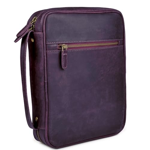 LEATHER VILLAGE Genuine Leather Bible Cover with Zipper for Men & Women - Large Bible Case Carrying Bag Book Cover & Organizer with Handle and Pockets - Leather Bible Covers for Church Study - Purple