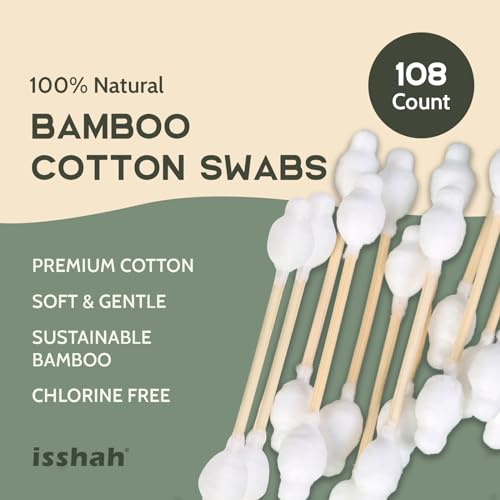 Baby Cotton Swabs - 108 Count - FSC Certified and PETA Approved, Bamboo Handle Cotton Tips, 100% Biodegradable, Gentle, Eco Friendly, Double Tips, Plastic Free Safety Baby Cotton Buds by Isshah