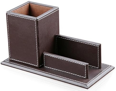 Leather Office Desk Organizer Keeps Supplies + Desktop Accessories Neat. Pen Holder + Business Card Holder. Perfect for an Executive. Home Organization. Faux Leather. Vintage Retro Furniture. (Brown)