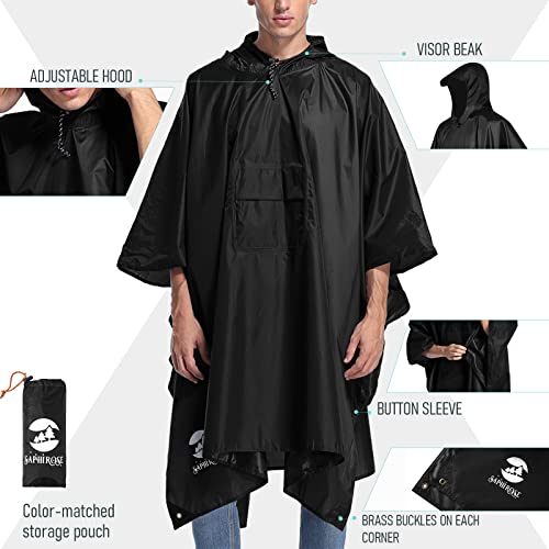 Saphirose Hooded Rain Poncho Waterproof Raincoat Jacket For Men Women Adults(Black) #TOP3