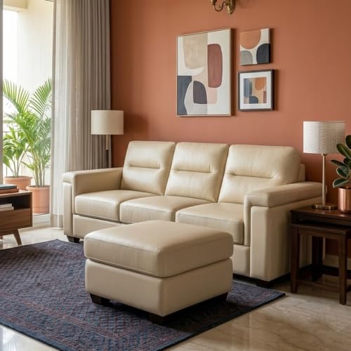 Image of FURNY Parker 3 Seater Sofa Set with Ottoman | Premium Suede Velvet Fabric Finish | Durable Comfort Sofa for Modern Living Room & Office Spaces (Cream Leatherette)