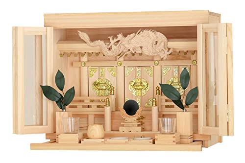 やまこう 神棚 セット 三社 箱宮 16号 眠り龍の社 桧のモダン神具セット 神鏡 シルク調造花榊付き 工房造り、彫刻入りモダン神棚 桧の逸品、岐阜東濃ひのき使用 高級国産神棚 龍神 竜神 龍年 辰年
