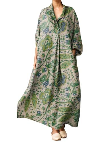 Women's Boho Floral Print Shirt Dresses with Pockets Casual Loose Lapel Collar Long Sleeve Maxi Dress Plus Size