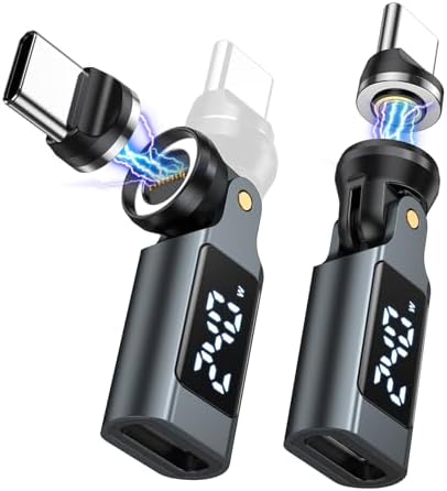 USB C Magnet Adapter PD 240W(2Pack), 9-Pin USB C 90 Grad Adapter mit LED-Digitalanzeige/360 &180 Drehung Leistungsmesser-Prüfgerät für 1Phone 17/16/15, Ma-Book Pro/1Pad Series, Sam