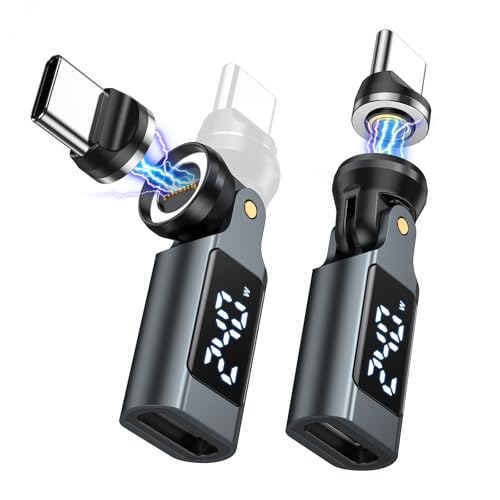 USB C Magnet Adapter PD 240W(2Pack) 9-Pin USB C 90 Grad Adapter mit LED-Digitalanzeige/360 &180 Drehung Leistungsmesser-Prüfgerät für 1Phone 17/16/15 Ma-Book Pro/1Pad Series Samsung Tablet Laptop