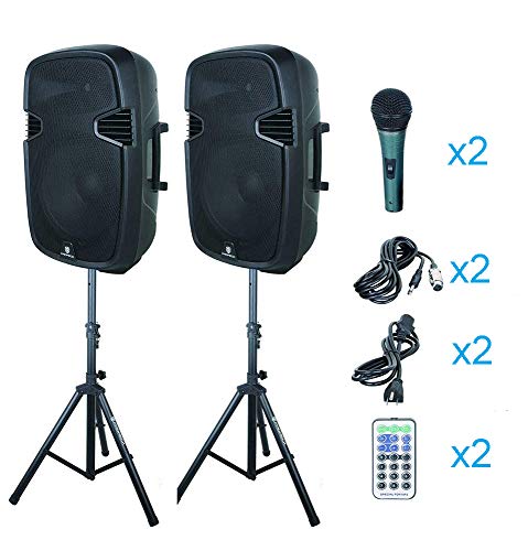 PRORECK PR-C15 Portable 15-inch 600 Watt 2-Way Powered Dj/PA Speaker with Bluetooth/USB/SD Card Reader/FM Radio/Remote Control/LED Light/Speaker Stand (Black (Two Sets))