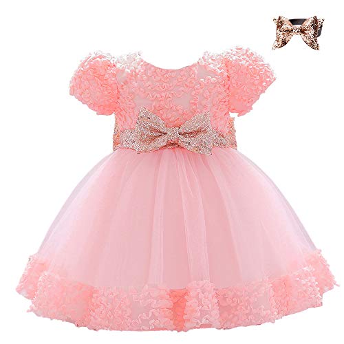 Bowknot Baby Girl Baptism Christening Ball Gown Toddler Wedding Bridesmaid Family Photos Shoot Lace Tutu Flower Dress 12M 18M Blush Pink 80