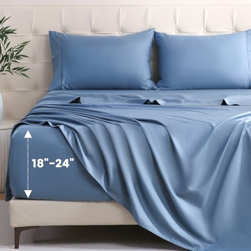 Bedlifes King Sheet Set, Extra Deep Pocket 18-24 Inches,1000Thread Count 100% Egyptian Cotton, Soft and Breathable Sateen 4-Piece,Mineral Blue