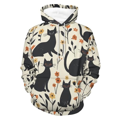 Sweat à capuche hoodie manches longues imprimé chat noir et fleurs de style anime
