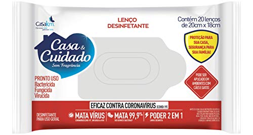 Lenço Desinfetante Casa & Cuidado Sem Fragrância com 20un, Casa Km