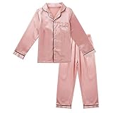 Oyolan Kinder Schlafanzug Zweiteiliger Satin Pyjama Hausanzug Outfit Kurzarm Lange Button-Down Nachtwäsche für Jungen Mädchen Rosa B 146-152