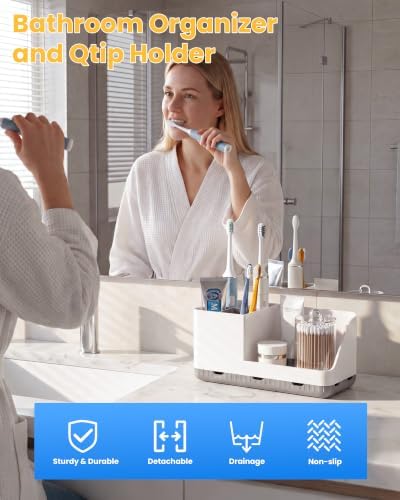 Homtalker Toothbrush Holders for Bathroom with 1 Pack Qtip Holder, Detachable Bathroom Organizer and Storage Electric Toothbrush and Toothpaste Holder, Bathroom Decor Accessories for Countertop - 2