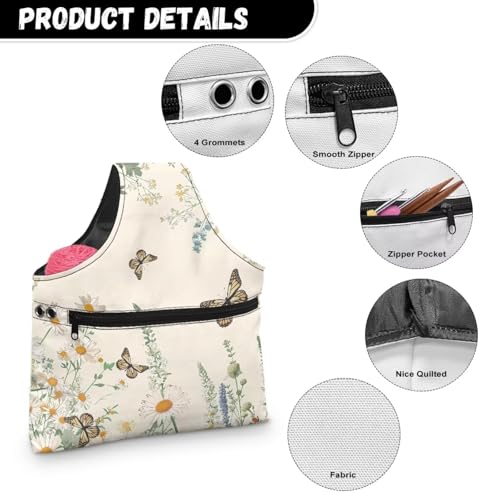 Image of ZUXONGSY Daisy Knitting Crochet Tote Bag Butterfly Knitting Yarn Storage Bag Organizer Lightweight Vintage Yarn Handbag with Holes for Crochet