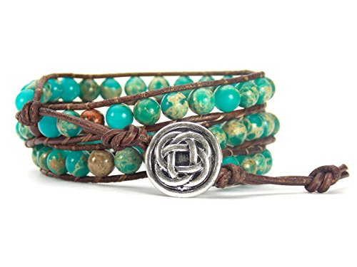 Celtic Knot Bracelet Leather Wrap with Mixed Beads Synthetic-Turquoise and Synthetic-Jasper (Silver-Tone Button)