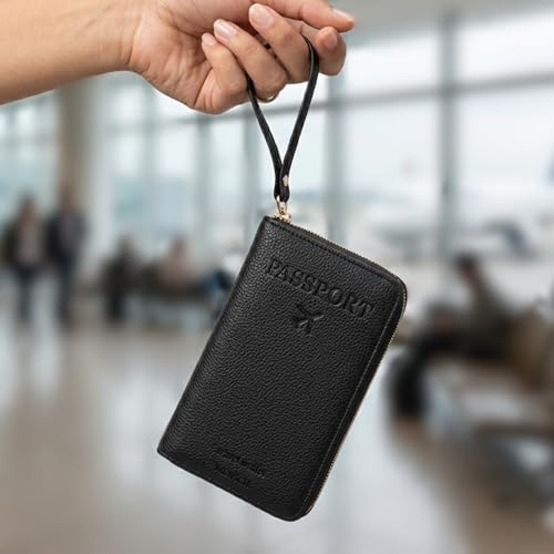 Image of Mensch Faux Leather Travel Passport Holder, RFID Blocking Premium Travel Document Organiser with Secure Zipper Closure Passport Cover & Travel Accessories for Men & Women (Black)