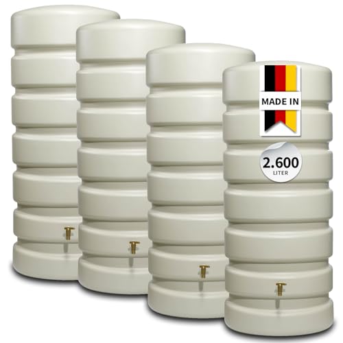4rain Classic Regentonne-Set 2600 L sandbeige, 4 x Classic 650 Liter inkl. Verbinder - Wassertank, Fass, Regenfass, Regenwassertonne, Regenwassertank, Wasserbehälter, Wassertonne, Wasserfass