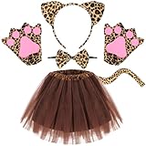 Meleager Disfraz Leopardo Niño - Diadema de Orejas Leopardo, Falda Tul Marrón, Pajarita, Guantes y Cola, Vestidos de Animales Niños para Carnaval, Halloween, Navidad