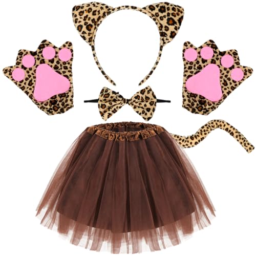 Meleager Disfraz Leopardo Niño - Diadema de Orejas Leopardo, Falda Tul Marrón, Pajarita, Guantes y Cola, Vestidos de Animales Niños para Carnaval, Halloween, Navidad