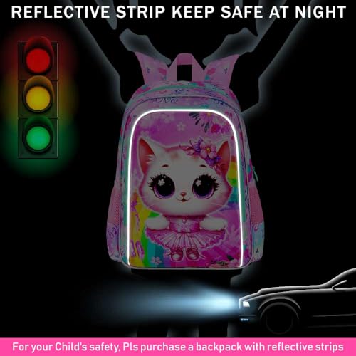 CCJPX 3PCS Cat Backpack for Girls, 16”Kids Ballet Preschool Bookbag with Lunch Box, Cute Ballet Water Resistant School Bag for Elementary Kindergarten Toddler3