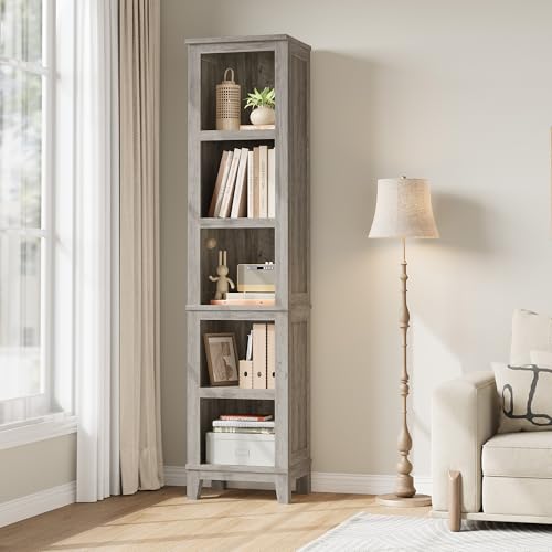 Narrow Bookcase 5 Tier Farmhouse Bookshelf Wooden Bookshelves Rustic Vintage Etagere Oak for Home Office, Living Room, Bed Room,Grey,Set of 2