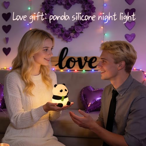 Image of Cute Panda Night Light for Kids, 50-Hour Battery Life Rechargeable Silicone Squishy Lamp, 2 Brightness Settings Tap Control Nursery Light for Baby Room Decor