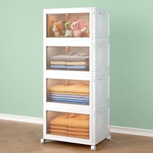 4 Tier Storage Bins with Lids, 23QT Stackable Closet Organizers and Storage with Wheels, Collapsible Storage Boxes, Foldable Plastic Storage Containers for Home,Office, Dorm Room-White