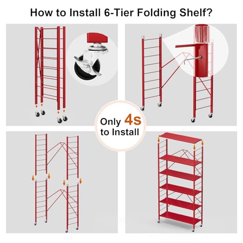 Image of Himix 6-Tier Expandable Storage Shelves Wheels Foldable Shelf Garage Red | Folding shelving units, Metal collapsible organization, Changeable into 2 shelf units, Adjustable, Basement, Holds 3600 Ibs