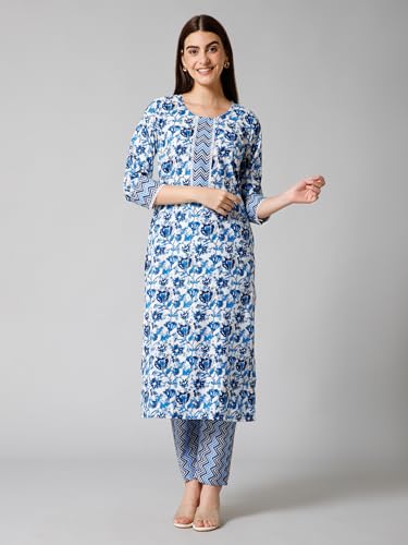 Image of Eight Colors Cotton Kurta Set with Pant for Women | Women Kurta Sets Kurtis | Women Kurta Pant Set | Women Kurta Pant Set Women Kurti Set with Pant (Neel)