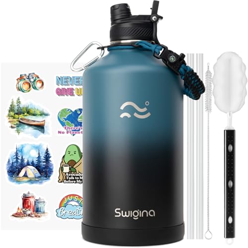 Image of Swigina [2-IN-1 LID] Gallon Insulated Water Bottle with Silicone Boot (48hrs Cold /24hrs Hot) - DIY Stickers, Leakproof, BPA Free, 128 oz
