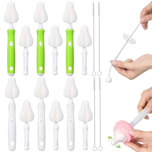 Willinglong 22 Pcs Sponge Bottle Nipple Brushes Set Including 12 Pcs Bottle Sponge Brush Heads 6 Interchangeable Nipple Brush Handles and 4 Long Straw Brushes for Baby Bottles (White and Green Handle)
