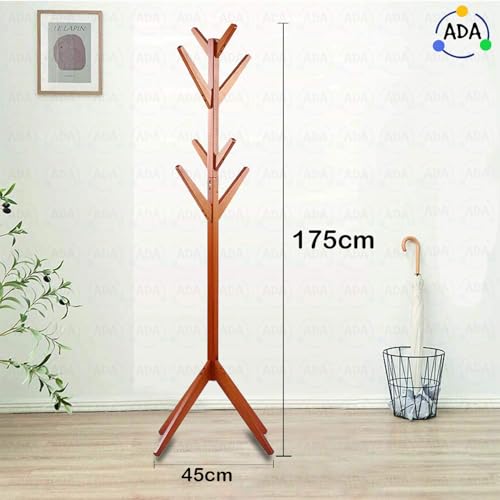Image of ADA Bamboo Coat Rack Stand, Tree-Shaped 8 Hooks Clothes Hanger with 4-Tier Storage Shelves & Solid Base, Freestanding Organizer for Clothes, Hats & Bags, Light Brown (45x45x175 cm)
