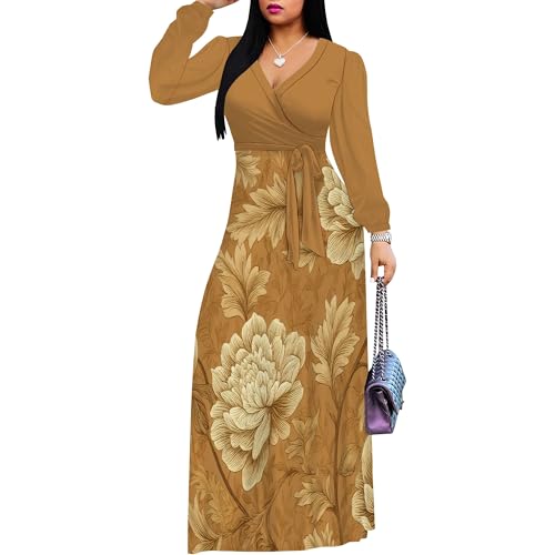 Image of Women's Plus Size Maxi Dresses Long Sleeves V Neck Floral Print Bohemian Swing Long Dress with Belt
