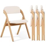 YUUIJOAA 4-Pack Folding Chairs with Cushion, Linen Padded Foldable Chairs, Raw Wooden Folding Dining Chairs, for Dining Rooms, Wedding Parties, Offices Indoor Outdoor Beige