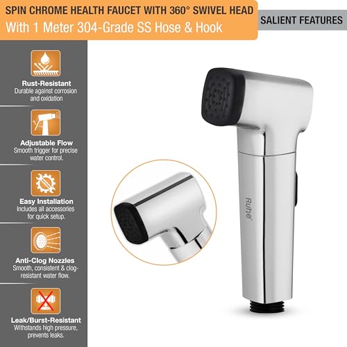 Image of Ruhe Spin Health Faucet Set for Bathroom | Handheld 360 Adjustable Head Jet Spray for Toilet | ABS Hand Spray Gun with 304-Grade Stainless Steel Flexible Shower Tube 1 Meter and Wall Hook /Holder