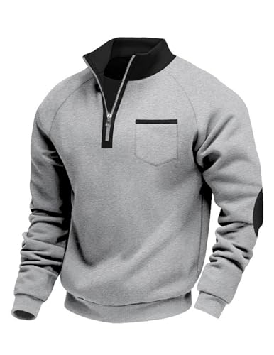 Volemo Mens Sweatshirts Quarter Zip Jumper with Pocket, Warm Fleece Long Sleeve Casual Pullover for Hiking Wear Light Grey L