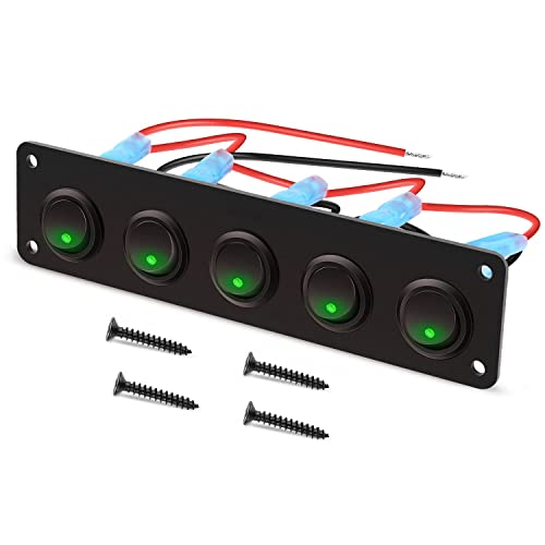 RUNCCI-YUN Panel de Interruptor Basculante de 5 bandas,Panel de interruptor de palanca de LED Verde 12-24V,SPST Interruptor Coche Redondo para coche, caravana, camión, barco