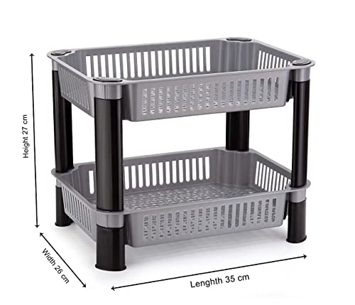 Image of Black Olive Plastic Storage Organiser Rack - Multipurpose 2 Layer Kitchen Shelf Stand with Vegetable Baskets for Potato, Onion, Books & Stationery, Space Saving Storage Rack for Home, Office & Balcony