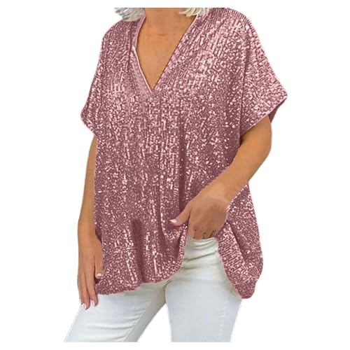 T-shirt col V femme rose à paillettes : la coupe ample idéale pour valoriser les formes
