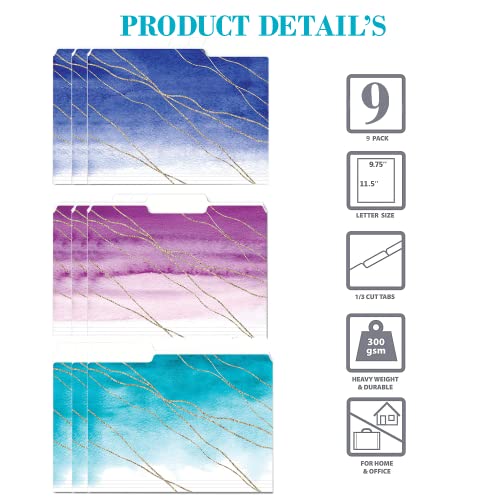 Happy Day! Products 9 Decorative File Folders For Women – Cute Watercolor And Gold Design Colored File Folder Letter Size 1/3 Cut Tabs - Office Supplies Organizers For Females - 9.75" X 11.5" #TOP3