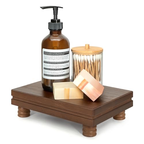 バスルームの装飾用装飾台座スタンド – キッチンオーガナイザー用小型ディスプレイスタンド & バスルームシンク用ソープホルダー – 家の装飾を美しくする木製トレイ (ブラウン)