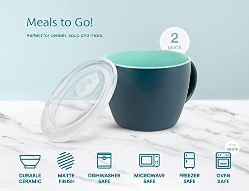 Kook Ceramic Soup Mugs, With Handle And Vented Plastic Lid, Perfect For Overnight Oats, Microwave Safe, Travel Cups, For Coffee, Cereal, Noodles And Tea, 25 Oz, Set Of 2 (Matte Navy/Jade) #TOP3