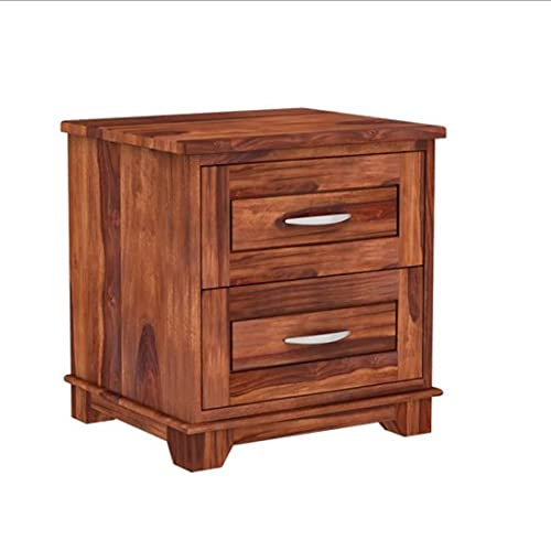 Image of Solid Sheesham Wood Bedside Table with 2 Drawers | Wooden Nightstand for Bedroom | Bed Side Table with Storage | Natural Finish