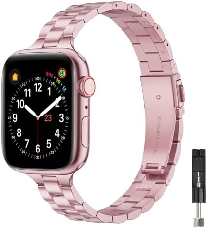 BesBand Slim Band Compatible with Iwatch Bands Bracelet 41mm 40mm 38mm 42mm 44mm 45mm 49mm Series 9 8 7 6 5 4 3 2 1 SE Ultra Stainless Steel Metal Smart Strap Accessories Straps for Men and Women-(Rose Pink, 38mm/40mm/41mm)