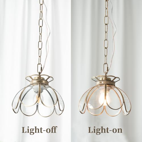 Image of Brass Glass Ceiling Pendant Light, Hanging Chain lamp, with Vintage Lotus Flower Clear Glass Shade for Kitchen Island Dining Room Bedroom Living Room-7.9 inch Shade