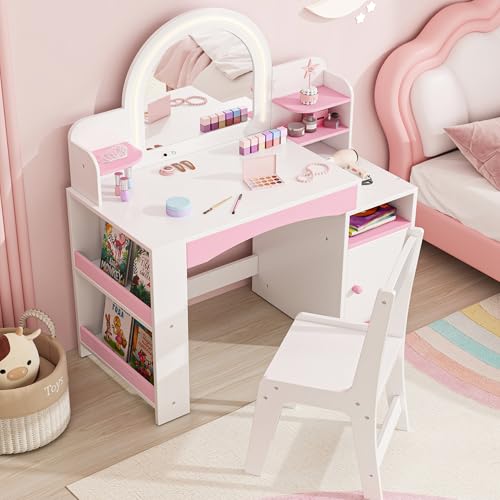Kids Vanity with Lights, Kids Makeup Vanity with Bookshelf, Enclosed Cabinet and 3-Tier Open Shelves, Little Girl Vanity Table Set with Lighted Mirror and Stools, Toddler Vanity for Girls (White)